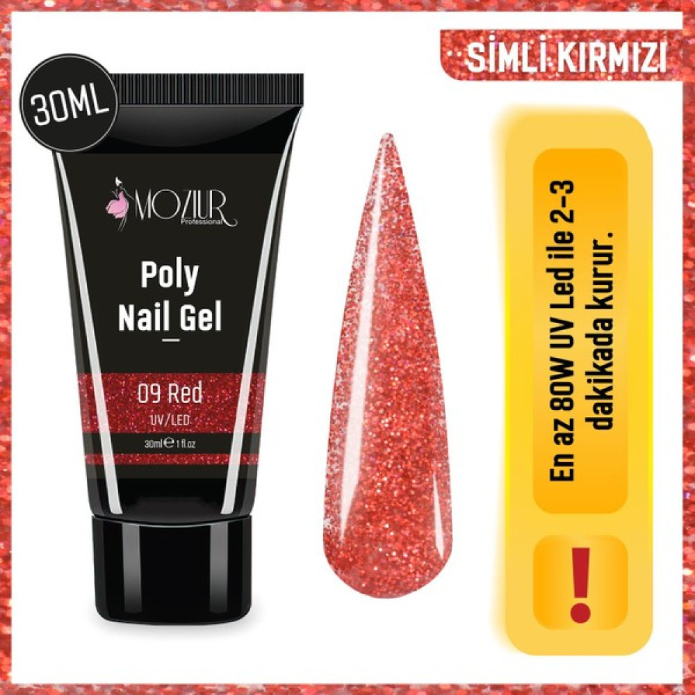 MOZIUR Uv/Led Poly Jel 30ml - (Şeffaf) Simli Kırmızı Oje Fiyatı