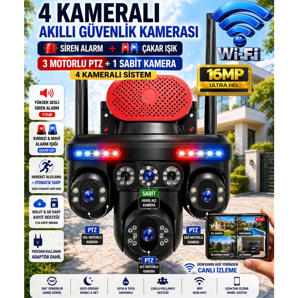 MPIA GORO 4 LENS WiFi 3 PTZ (3 Kamera Motorlu +1 Kamera Sabit) IP66 Gece Görüş Akıllı Güvenlik Kamerası Güvenlik Kameraları Fiyatı