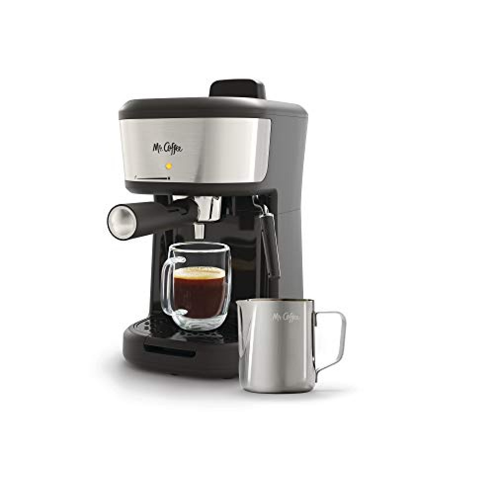 Mr. Coffee Espresso and Cappuccino Machine, Single Serve Coffee Maker with Milk Frothing Pitcher and Steam Wand, 20 ounces, Stainless Steel,Black