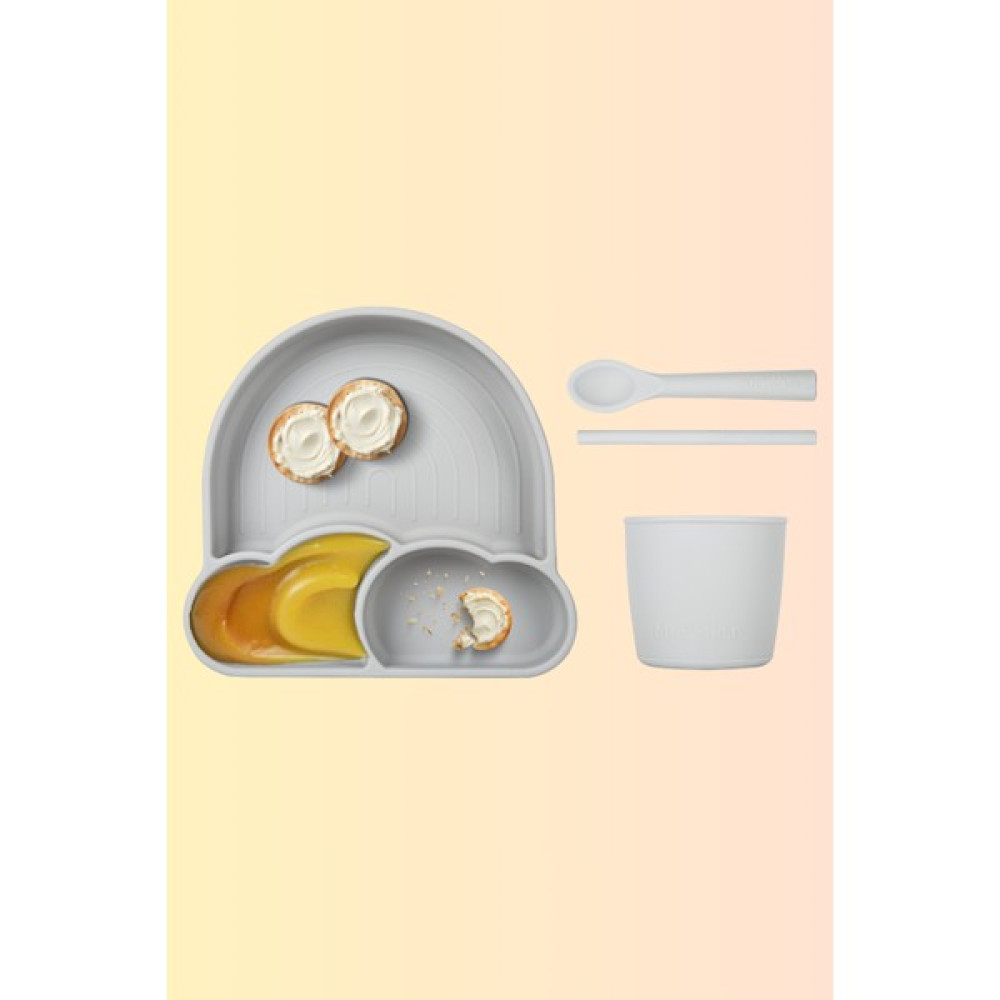 Mr Cooker Hubble 3 - Gri Vakumlu Silikon Mama Seti - Tabak, Bardak, Pipet, Kaşık - Açık Gri Mama Seti Fiyatı
