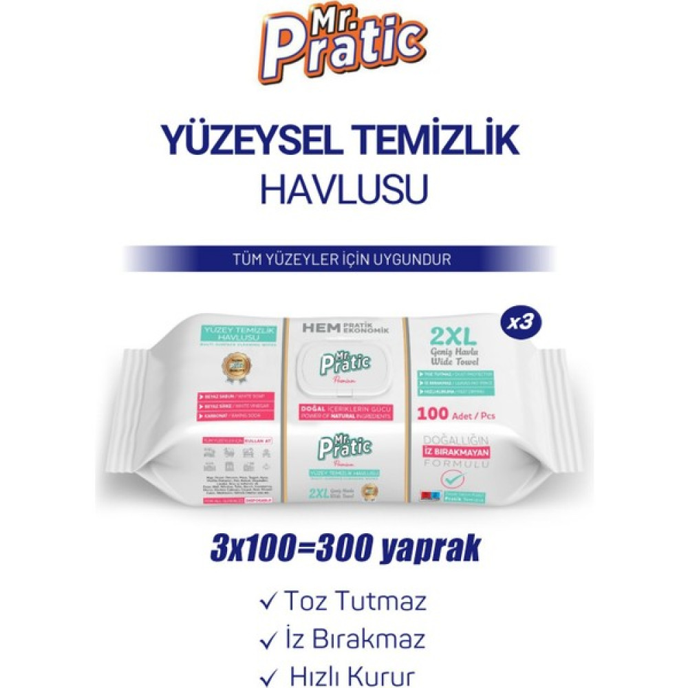 Mr Pratic Premium Yüzey Temizlik Havlusu Beyaz Sabun Kokulu İz Bırakmaz Pratik Temizlik 3 x 100 300 Yaprak Bebek Bakım Fiyatı