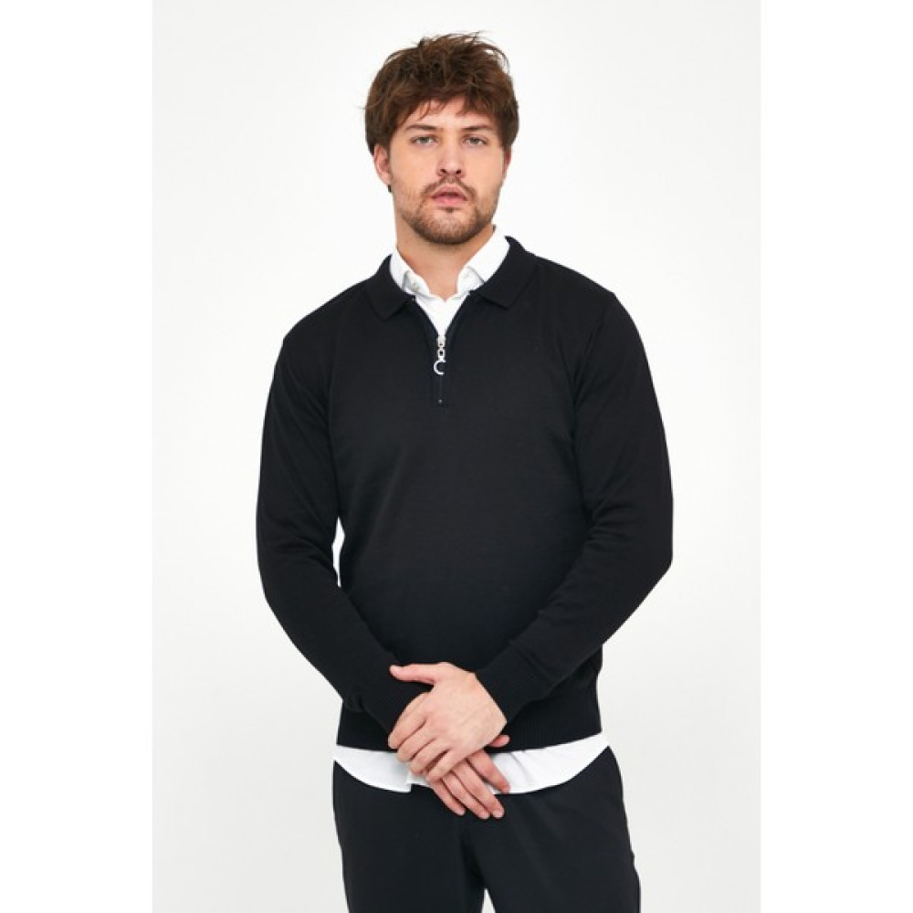 MRS Clothing Erkek Siyah Standart Fit Dar Kesim Fermuarlı Polo Yaka Yünlü Triko Kazak Erkek Kazak & Süveter & Triko Fiyatı
