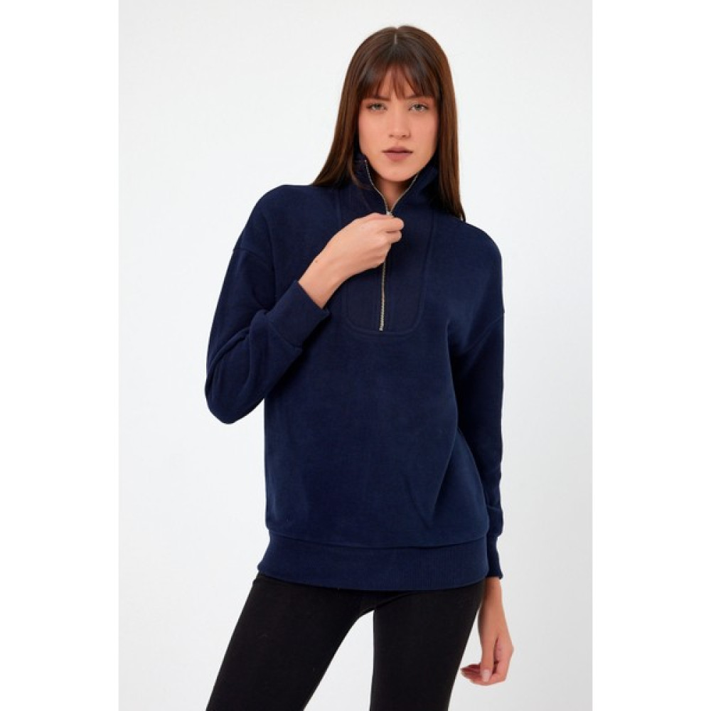 MRS Clothing Julıa Lacivert Dik Yaka Metal Fermuarlı Selanik Ince Spor Örme Sweatshirt Bayan Sweatshirt Fiyatı