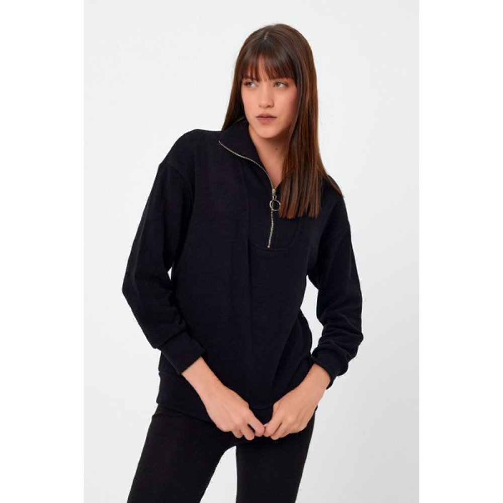 MRS Clothing Julıa Siyah Dik Yaka Metal Fermuarlı Selanik Spor Örme Sweatshirt Bayan Sweatshirt Fiyatı