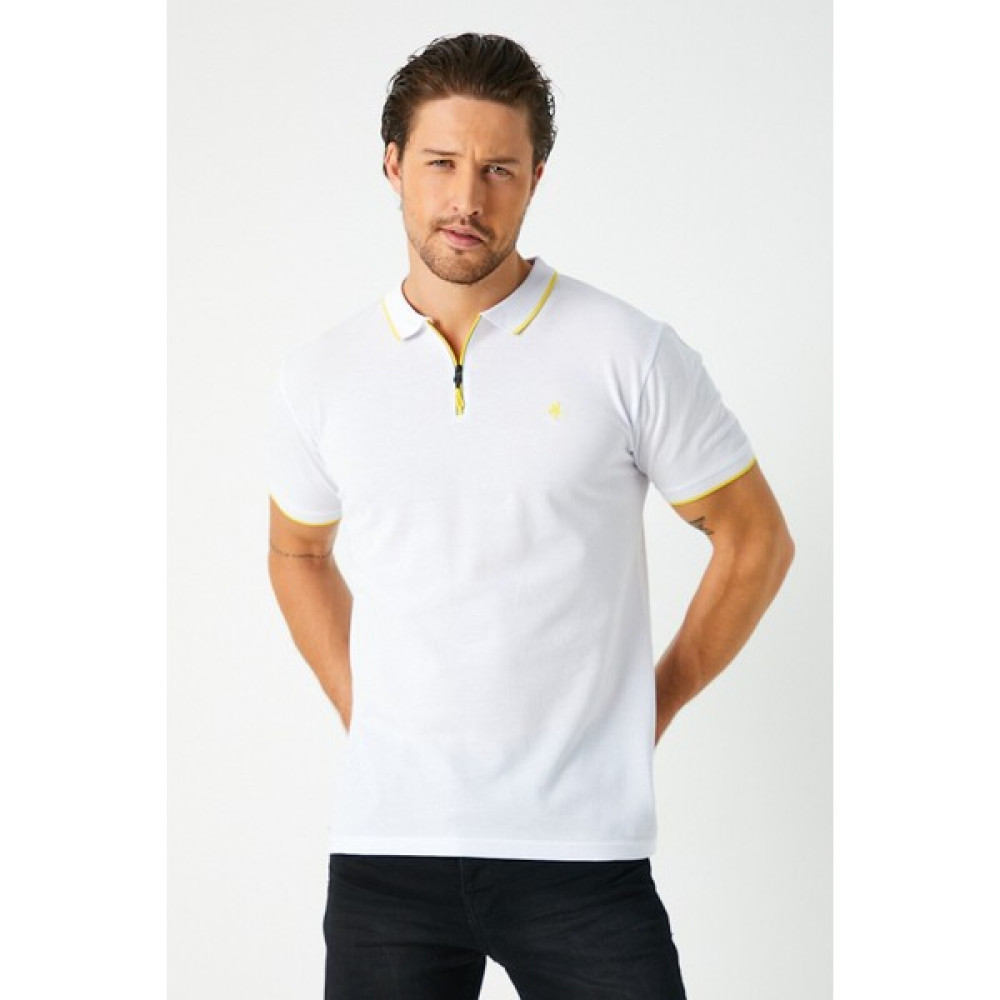 MRS Clothing Polo Yaka Fermuarlı Yaka Detaylı Kısa Kollu Nakış Detaylı Düz Fit Erkek Beyaz Tişört Erkek T-shirt Fiyatı