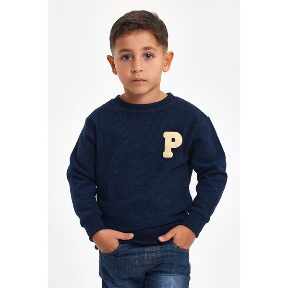 Mrs & Kids 3D Nakışlı Lacivert Yünlü ve Pamuk Kışlık Bisiklet Yaka Çocuk Erkek Sweatshirt Erkek Çocuk Sweatshirt Fiyatı