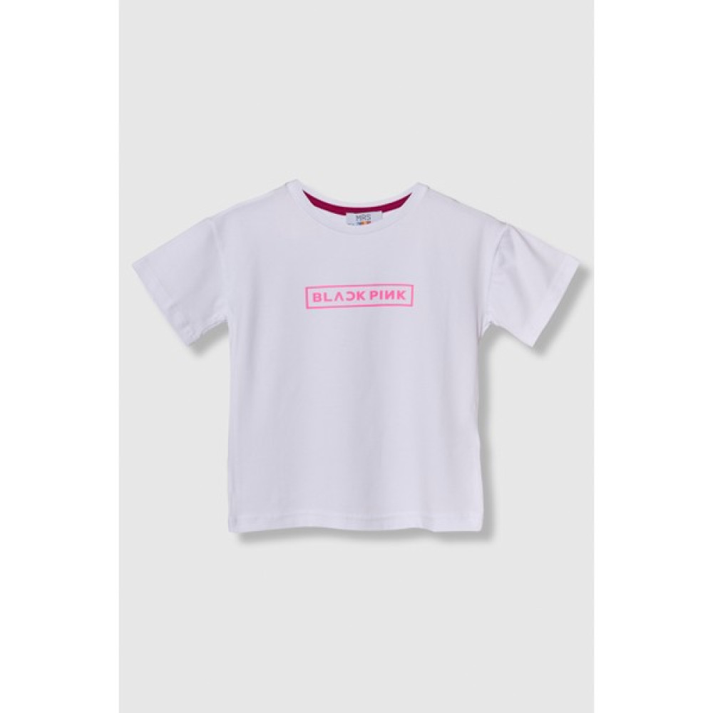 Mrs & Kids Blckpink Oversize Kız Çocuk Baskılı Bisiklet Yaka %100 Pamuk Beyaz Tişört Kız Çocuk T-shirt Fiyatı