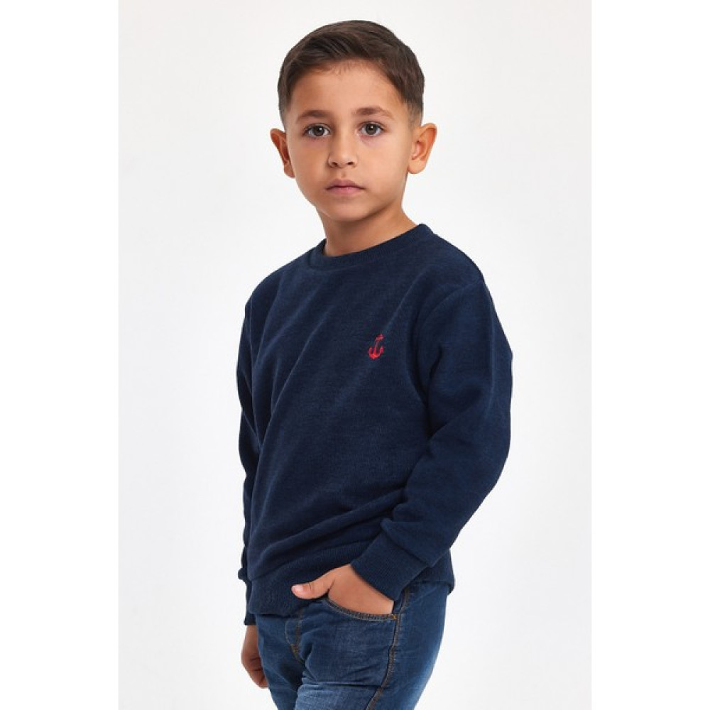 Mrs & Kids Çapa Nakışlı İndigo Pamuk Kışlık Bisiklet Yaka Erkek Çocuk Sweatshirt Erkek Çocuk Sweatshirt Fiyatı
