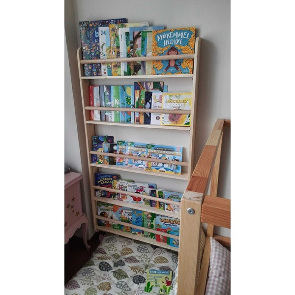 Mrt Ahşap Montessori Kitaplık Geniş Model Yuvarlak Çıtalı 5 Katlı - 80 cm Kitaplık Fiyatı