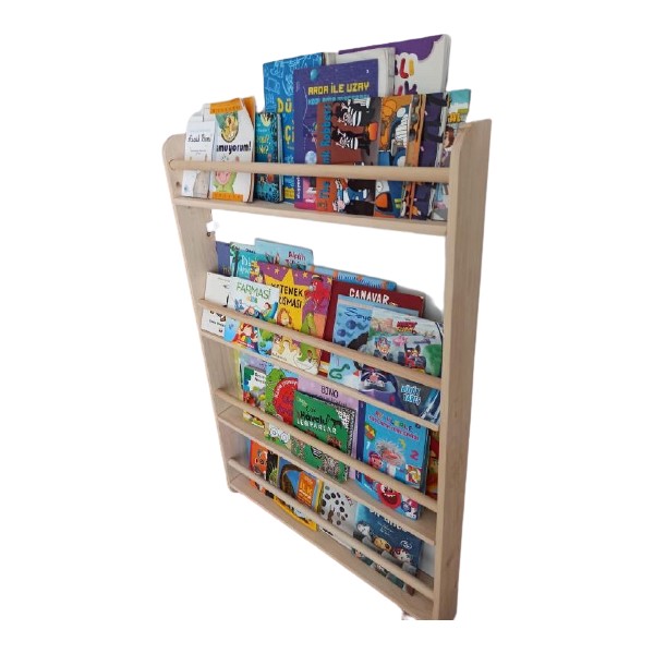 Mrt Ahşap Montessori Kitaplık Geniş Model Yuvarlak Çıtalı - Akça Kitaplık Fiyatı