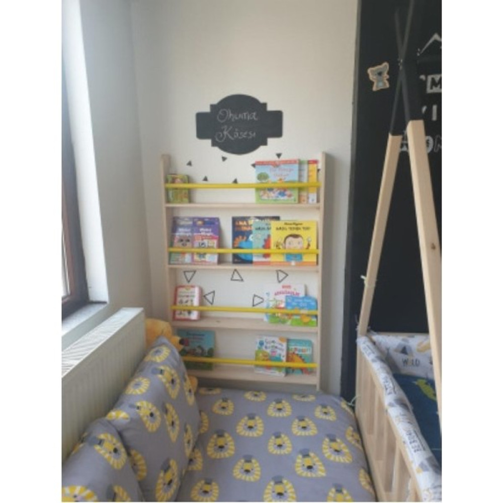 Mrt Ahşap Montessori Kitaplık Geniş Model Yuvarlak Çıtalı - Beyaz - Sarı Kitaplık Fiyatı