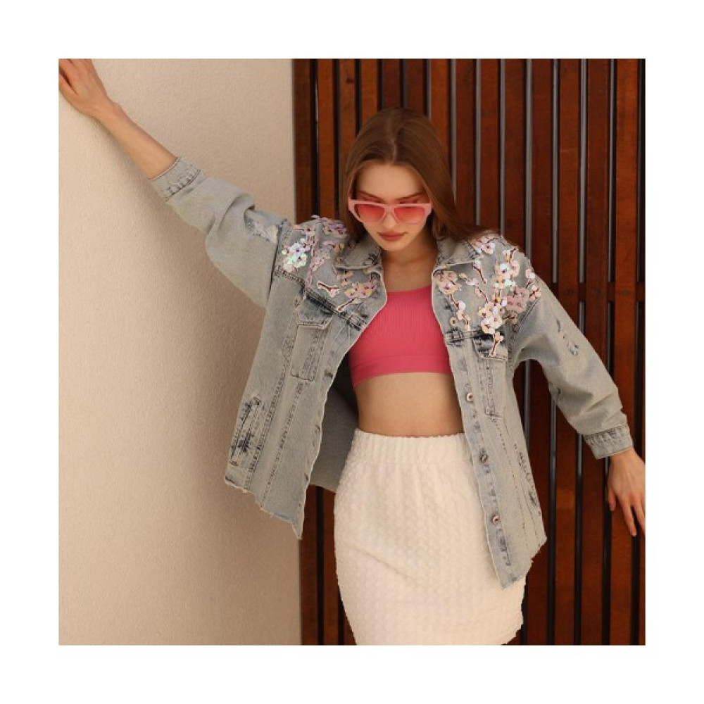 Ms. Endam Çiçek Pul Işlemeli Regular Fit Uzun Kollu Düğmeli Tasarım Denim Jean Kot Ceket Bayan Ceket Fiyatı