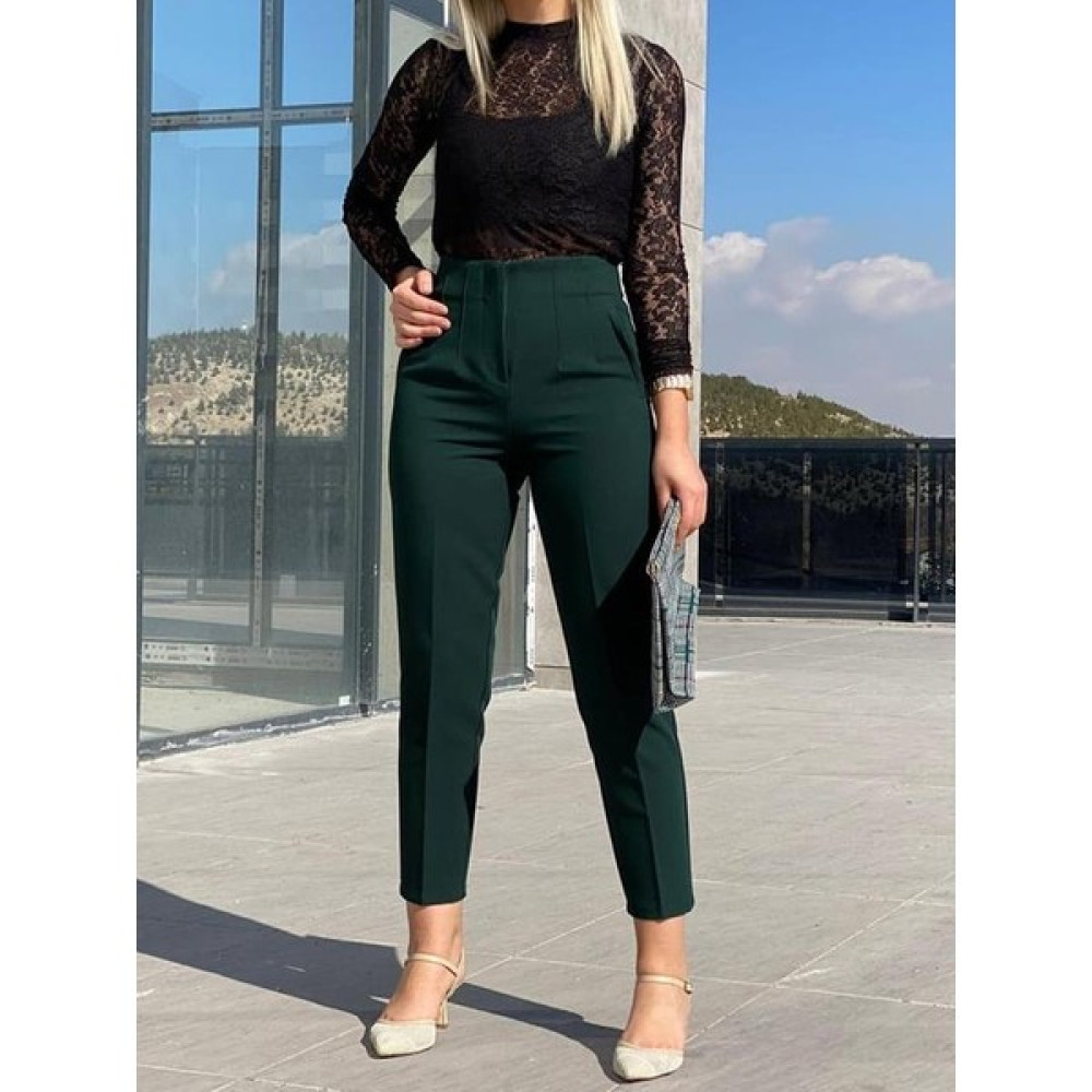 Msendam Kadın Zara Model Yüksek Bel Piliseli Likralı Kalın Kumaş Havuç Pantolon-Zümrüt Yeşili Kadın Pantolon Fiyatı