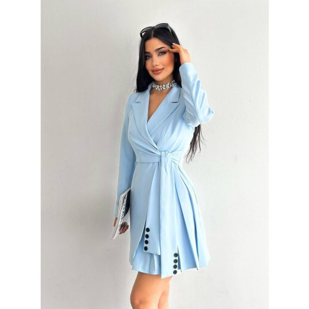 Msm Fashion Açık Mavi Kruvaze Yaka Kuşak ve Düğme Detaylı Pileli Ceket Elbise Elbise Fiyatı