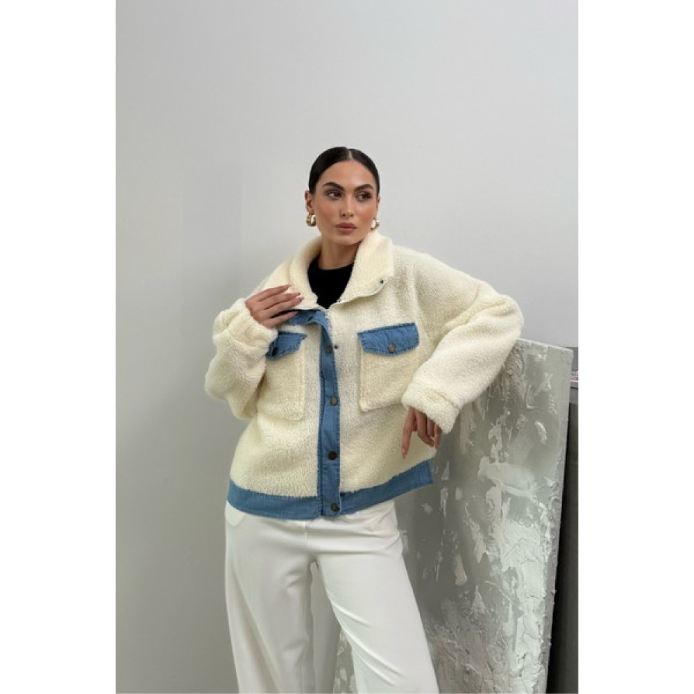 Msm Fashion Kadın Ceket Peluş Cepli Fermuarlı Çıtçıtlı Kot Detaylı Ekru Ceket Bayan Ceket Fiyatı