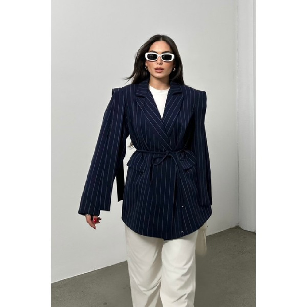Msm Fashion Kadın Oversize Blazer Ceket Çizgili Kuşaklı Omuz Detaylı Bayan Ceket Fiyatı