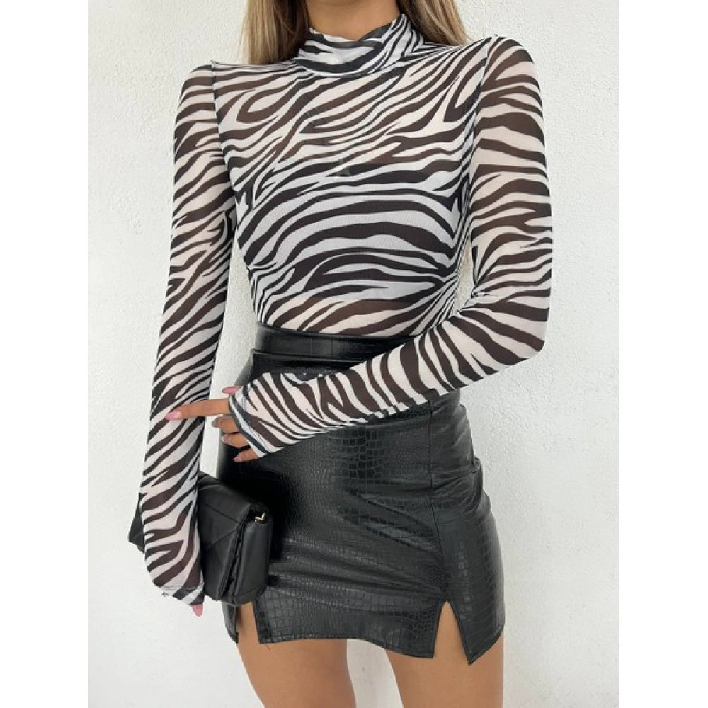 MST Clothing Zebra Desenli Dik Yaka Uzun Kollu Tül Bluz Bluz Fiyatı
