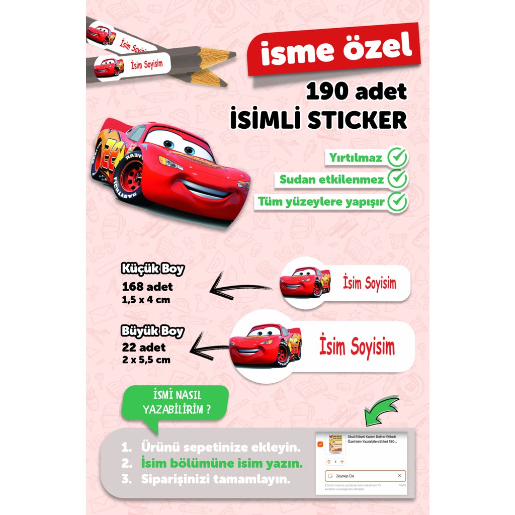 Msticker Cars Temalı İsim Yazılabilen Okul Etiketi 188 Adet Yırtılmaz ve Sudan Etkilenmez Okul Etiketi Fiyatı