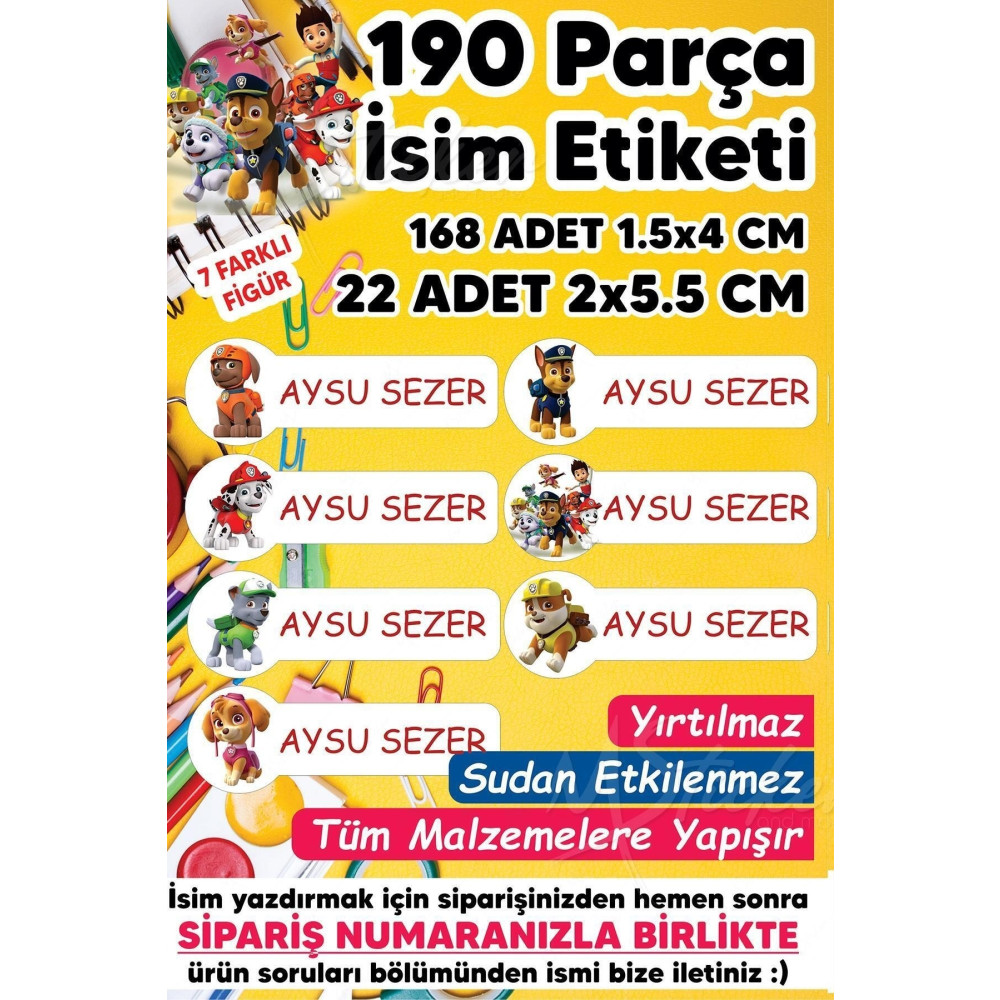 MSticker Okul Etiketi Kalem Defter Etiketi Paw Patrol Temalı Isim Yazılabilen Etiket - 190 Adet Etiket Fiyatı