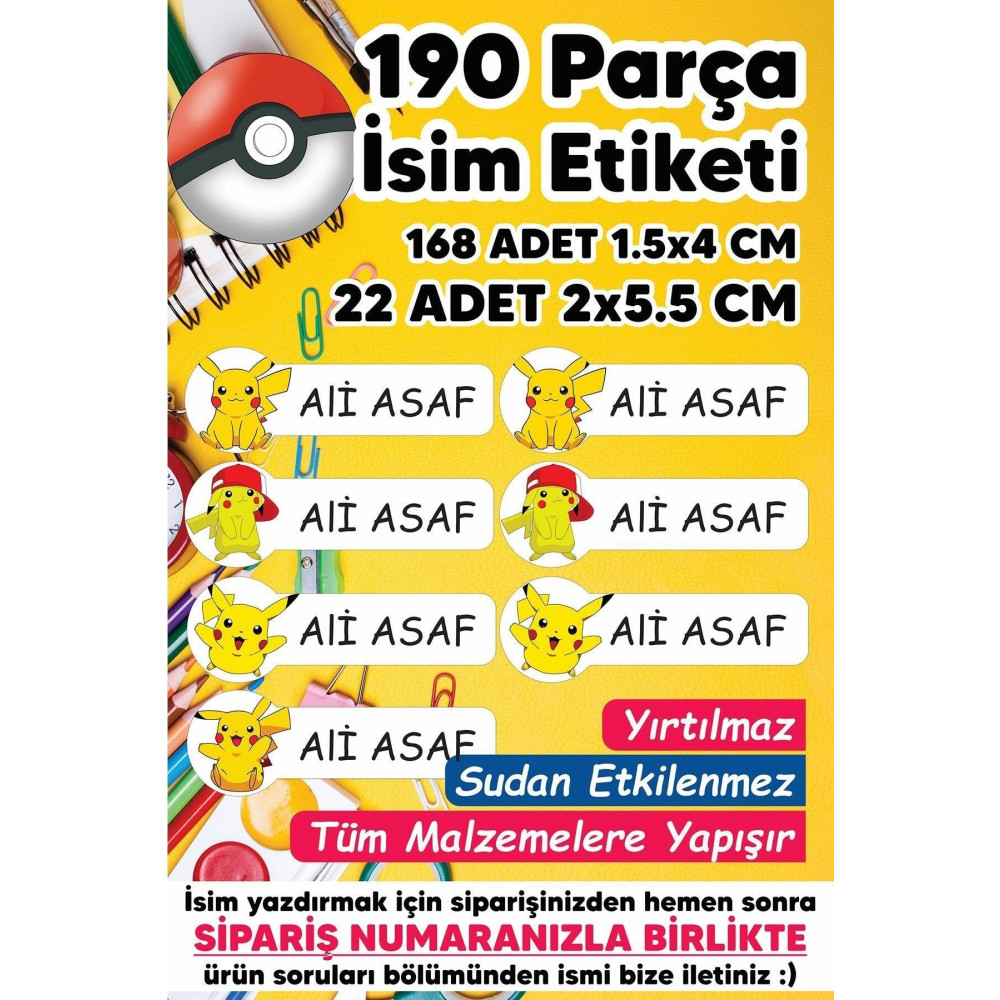 MSticker Okul Etiketi Kalem Defter Etiketi Pikachu Temalı Isim Yazılabilen Etiket - 190 Adet Etiket Fiyatı
