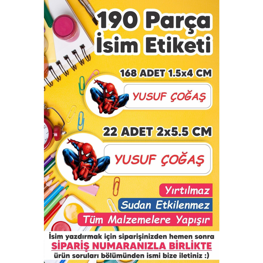 MSticker Okul Etiketi Kalem Defter Etiketi Spiderman Özel Isim Yazılabilen Etiket - 190 Adet Etiket Fiyatı