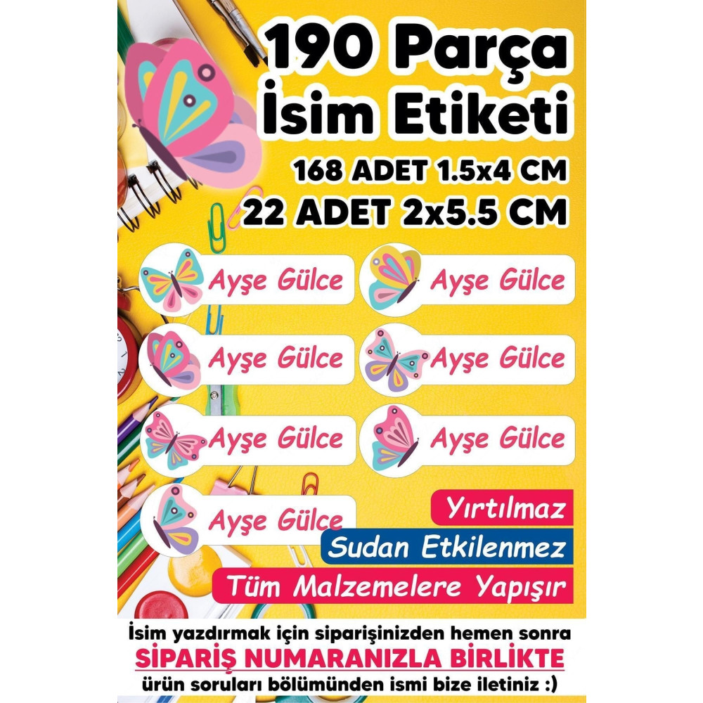 MSticker Okul Kalem Defter Etiketi Kelebek Temalı Özel Isim Yazılabilen Etiket - 190 Adet Etiket Fiyatı