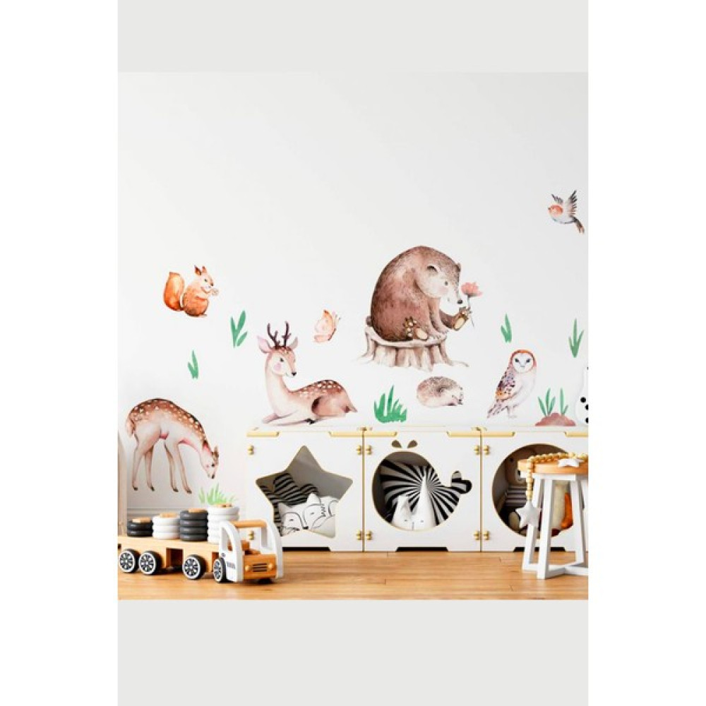 Msticker Sevimli Hayvanlar Geyik Baykuş Ayı Sincap Çocuk Odası Duvar Sticker - 100 x 100 cm - Renkli Duvar Stickerı Fiyatı