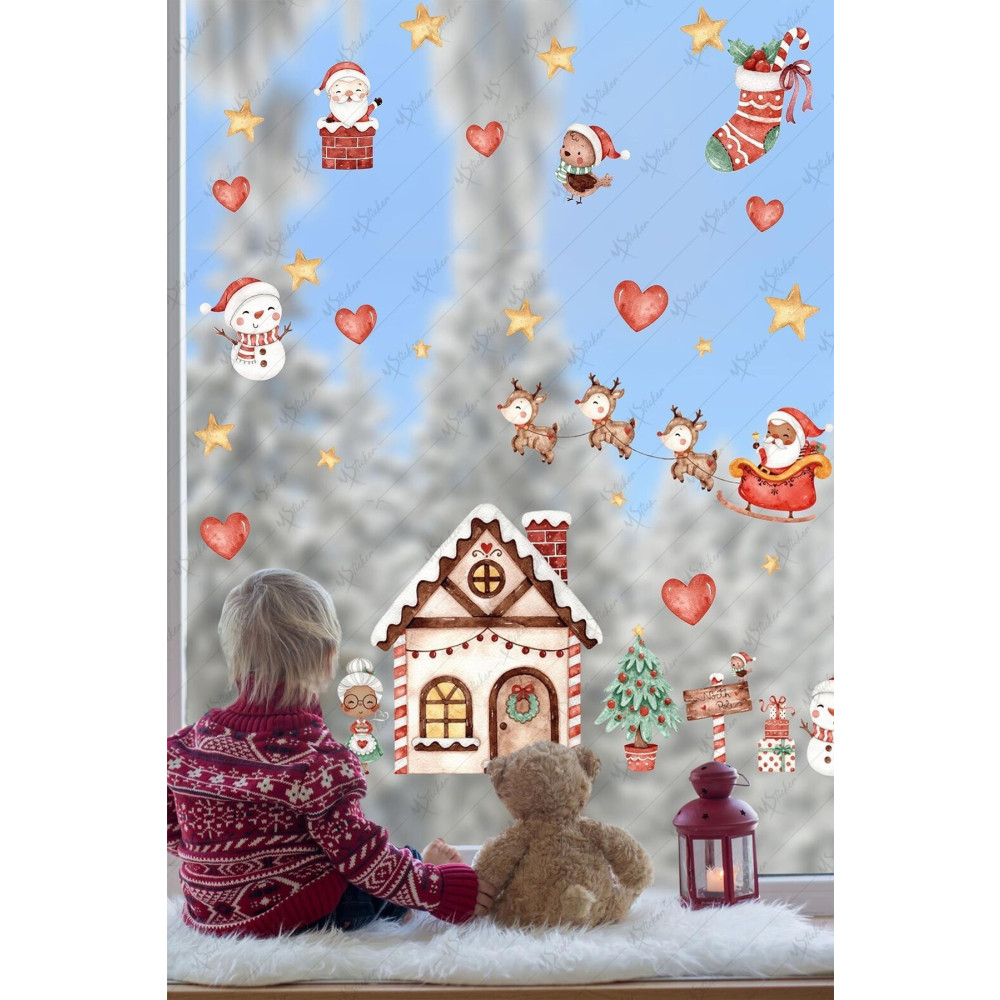 MSticker Yılbaşı Kış Evi Kardan Adam Ve Noel Baba Kış Figürleri Kalpler Ve Yıldızlar Yeni Yıl Sticker Seti 28 x 112 Beden Duvar Stickerı Fiyatı