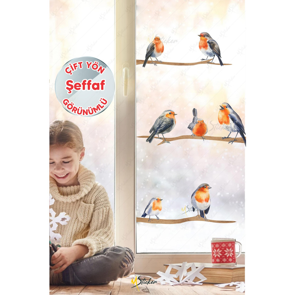 MSticker Yılbaşı Kış Kuşları Ve Dallar Cam Duvar Sticker Seti - Yılbaşı Seti Şeffaf 30 x 50 Beden Duvar Stickerı Fiyatı