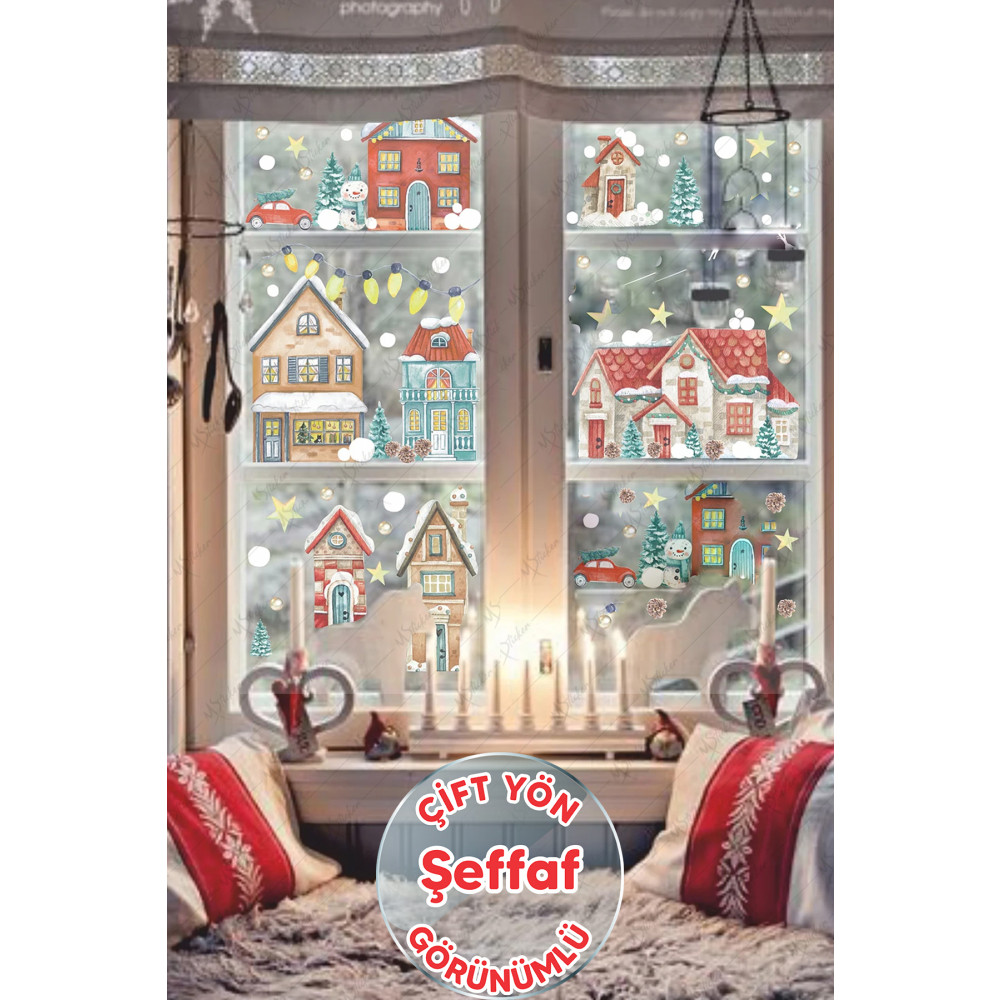 MSticker Yılbaşı Şeffaf Karlı Şehir Yeni Yıl Çocuk Bebek Odası Sticker Seti Çift Yön Görünümlü 110 x 40 Beden Duvar Stickerı Fiyatı