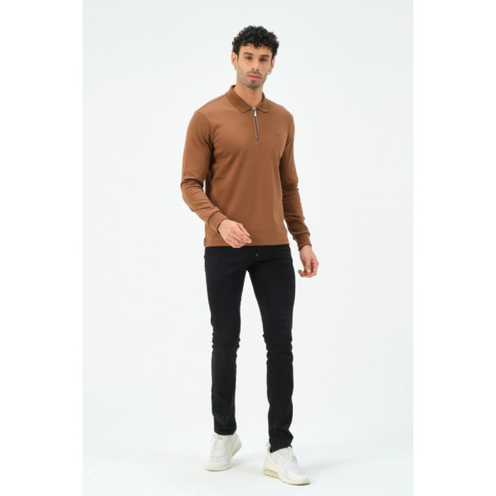 Msw Kahve Fermuarlı Uzun Kollu Regular Fit Erkek Polo Yaka T-Shirt Erkek T-shirt Fiyatı