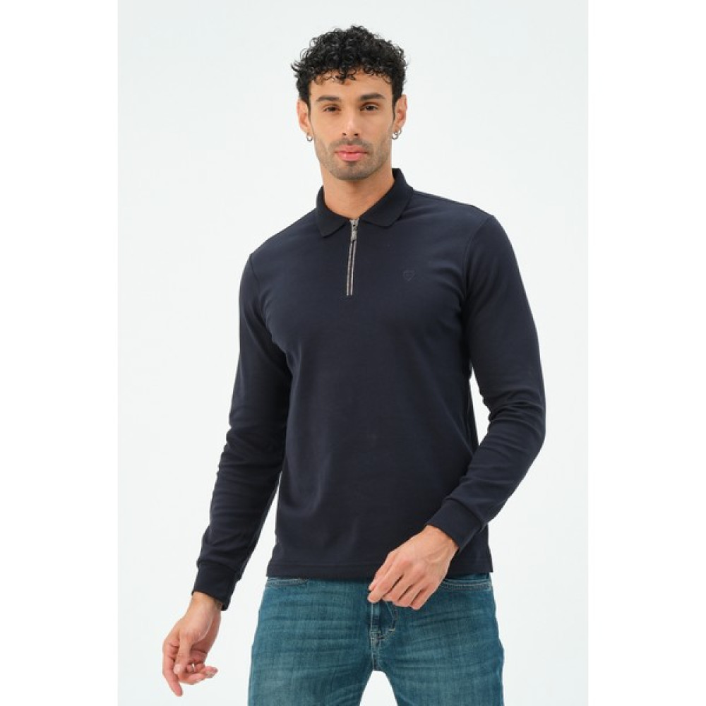 Msw Lacivert Fermuarlı Uzun Kollu Regular Fit Erkek Polo Yaka T-Shirt Erkek T-shirt Fiyatı