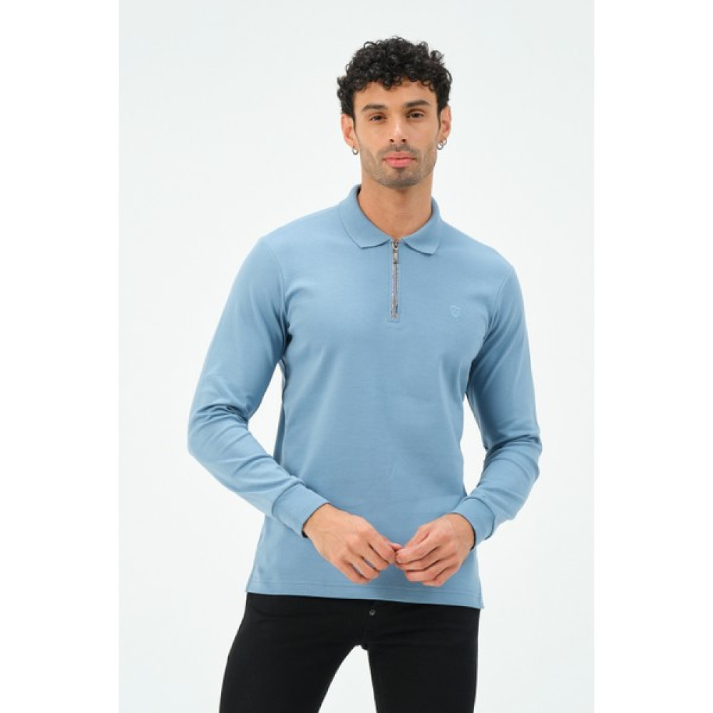 Msw Mavi Fermuarlı Uzun Kollu Regular Fit Erkek Polo Yaka T-Shirt Erkek T-shirt Fiyatı