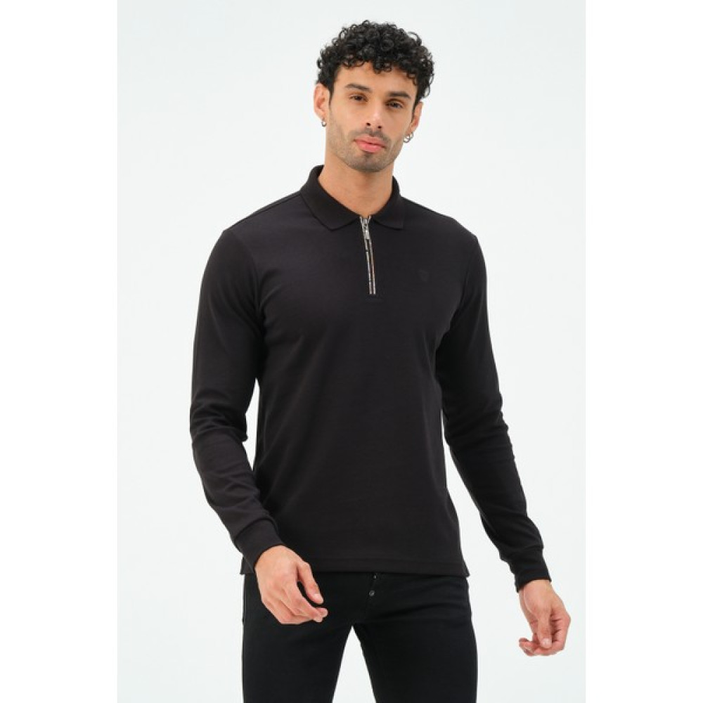 Msw Siyah Fermuarlı Uzun Kollu Regular Fit Erkek Polo Yaka T-Shirt Erkek T-shirt Fiyatı