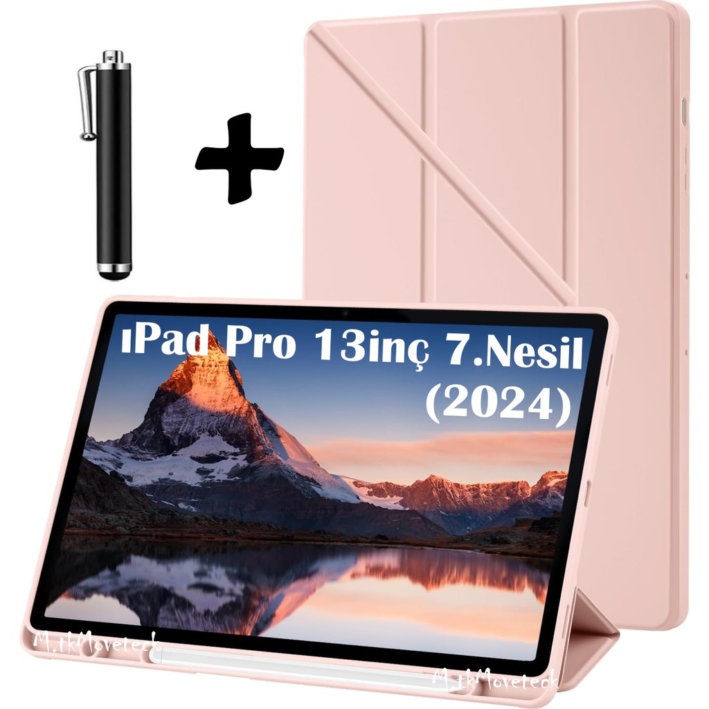 M.tk moveteck Apple iPad Pro 13 Inç 2024 (M4) Uyumlu Tablet Kılıfı Kalem Bölmeli Standlı Yumuşak Silikon + Dokunmatik Kalem Pro 7.neli - Rose Tablet Kılıfı Fiyatı