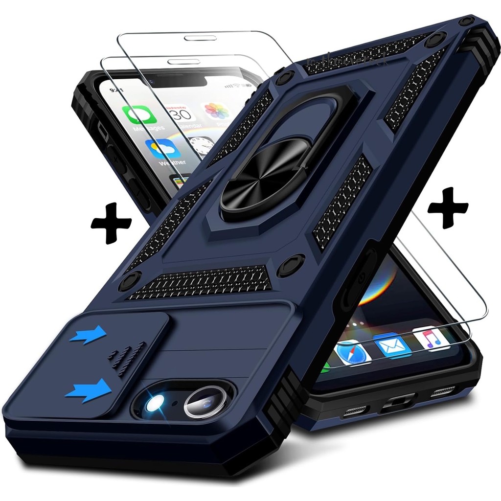 M.TK Moveteck Apple iPhone 16E - 17E Uyumlu Kılıf Kamera Korumalı Sürgülü Yüzüklü Armor Tank Kapak + 1 Adet 9h Ekran Koruyucu Cam Set - Lacivert Cep Telefonu Kılıfı Fiyatı