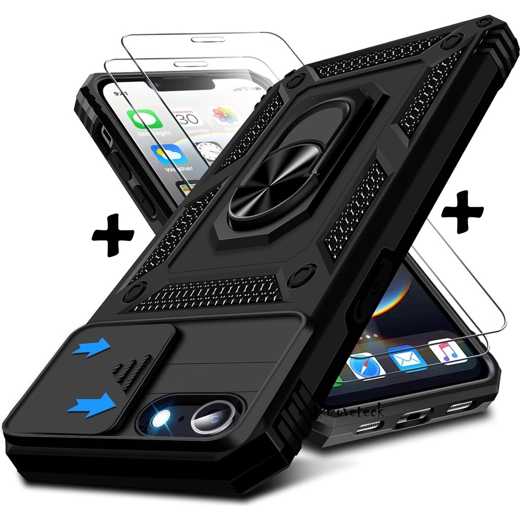 M.TK Moveteck Apple iPhone 16E - 17E Uyumlu Kılıf Kamera Korumalı Sürgülü Yüzüklü Armor Tank Kapak + 1 Adet 9h Ekran Koruyucu Cam Set - Siyah Cep Telefonu Kılıfı Fiyatı