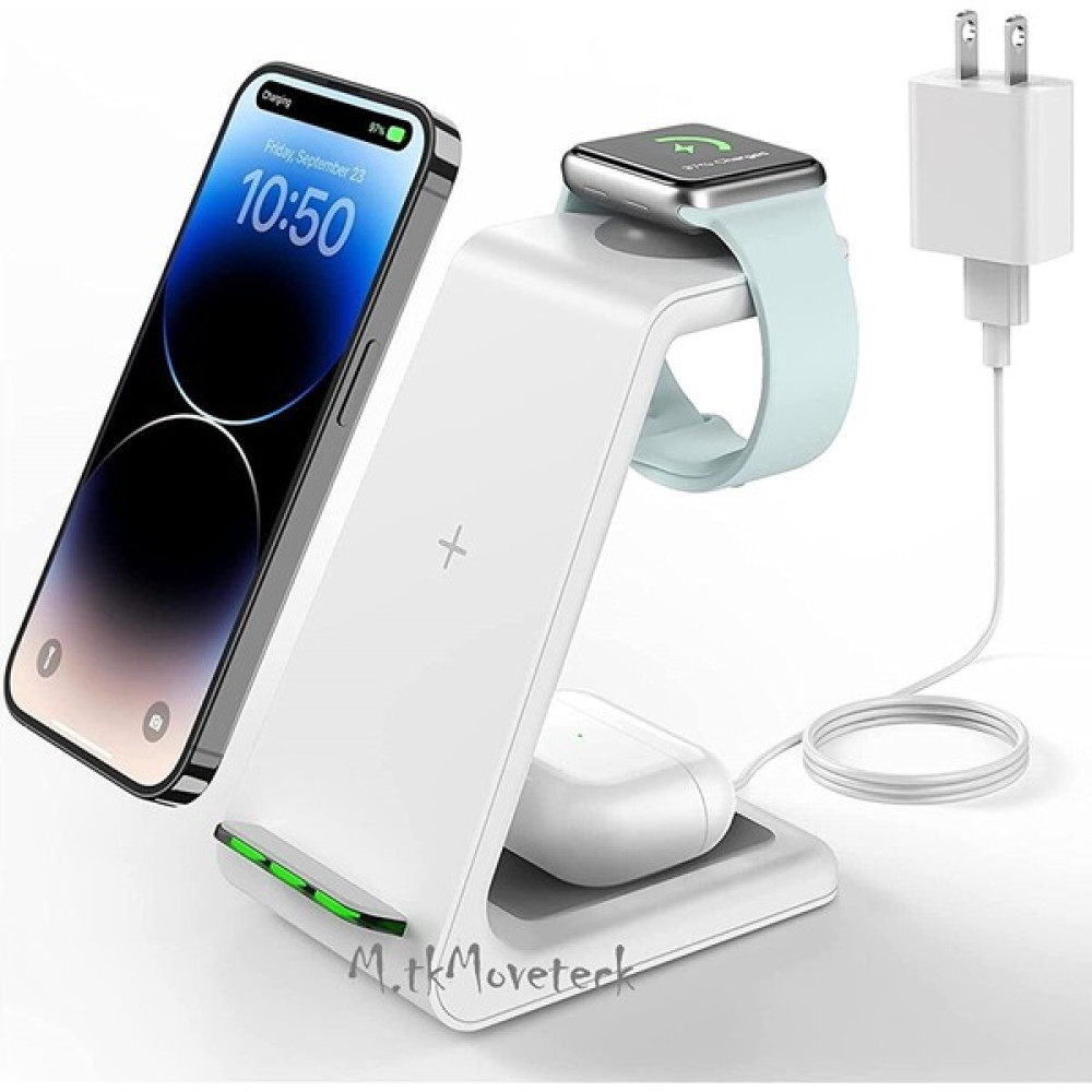 MTK Moveteck Apple Iphone 3in1 Kablosuz Şarj Standı Watch Airpods Uyumlu Telefon Istasyonu Wireless 15 Wolt Turbo Hızlı Şarj Yuvası - Beyaz Cep Telefonu Şarj Cihazı Fiyatı