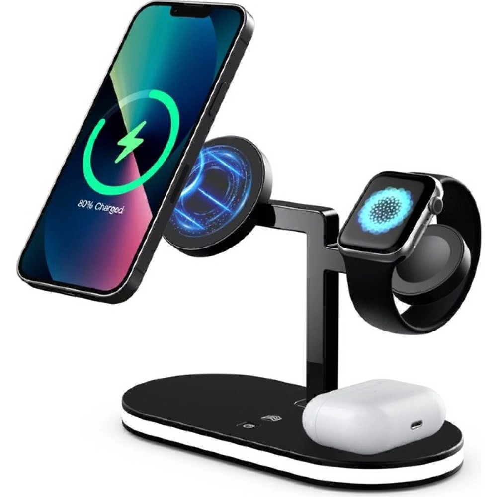 MTK Moveteck Apple Magsafe Airpods Watch Uyumlu 5in1 Hızlı Şarj Istasyonu 15W + Gece Lambalı Şık Tasarım - Siyah Cep Telefonu Şarj Cihazı Fiyatı