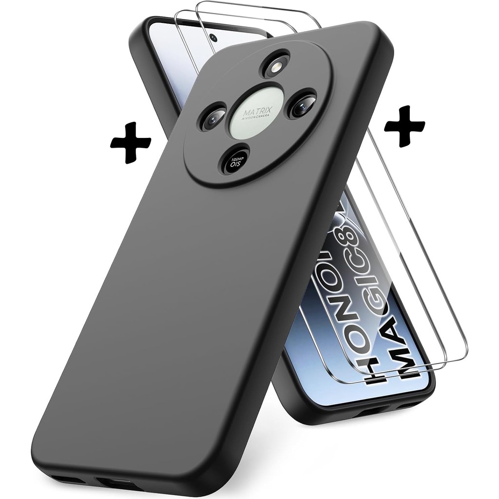 M.TK Moveteck Honor Magic 8 Lite 5g Kılıf Kamera Korumalı Yumuşak Renkli Mat Silikon + 9h Ekran Koruyucu Cam 2in1 Set - Siyah Cep Telefonu Kılıfı Fiyatı
