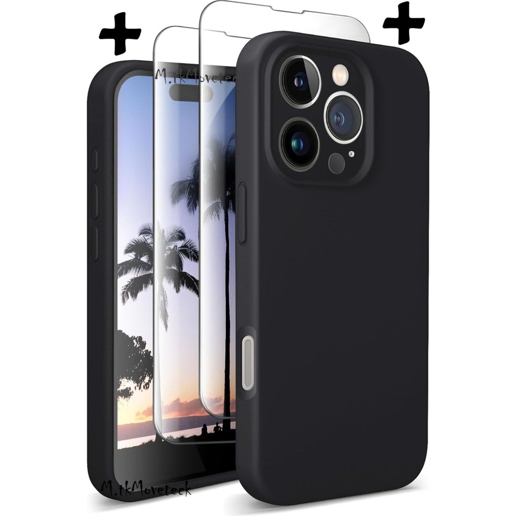 M.TK Moveteck Iphone 16 Pro Max Kılıf Kamera Korumalı Yumuşak Renkli Silikon + 9h Ekran Koruyucu Cam 2in1 Set - Siyah Cep Telefonu Kılıfı Fiyatı