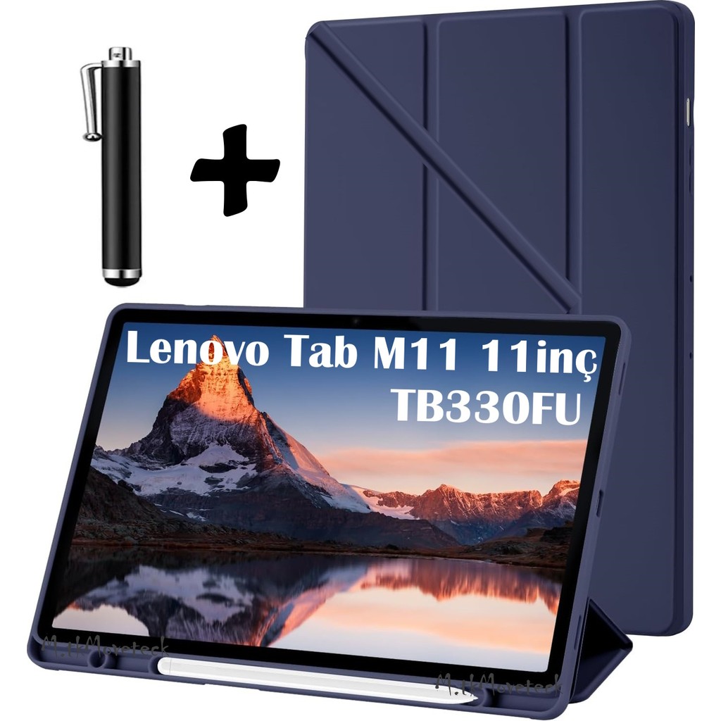 M.tk moveteck Lenovo Tab M11 TB330-FU /K11 TB330XU 11" Inç Kılıf Akıllı Kalem Bölmeli Standlı Yumuşak Silikon + Kalem - Lacivert Tablet Kılıfı Fiyatı