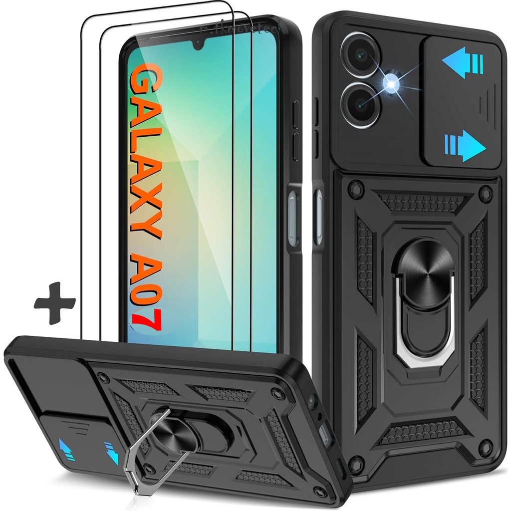 M.TK Moveteck Samsung Galaxy A07 Kılıf Kamera Korumalı Sürgülü Yüzüklü Armor Military Zırh Tank Kapak + 1 Adet 9h Ekran Koruyucu Cam Set - Siyah Cep Telefonu Kılıfı Fiyatı
