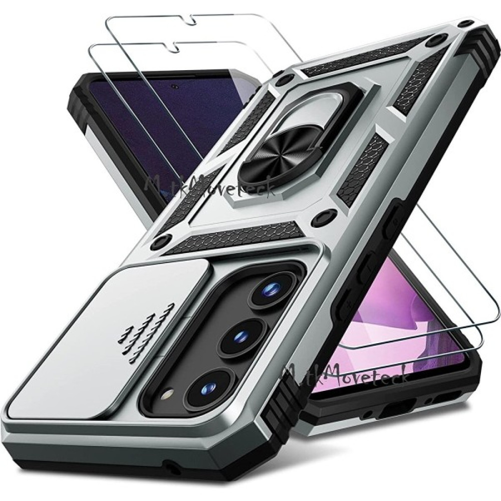 MTK Moveteck Samsung Galaxy A14 Kılıf Kamera Korumalı Sürgülü Yüzüklü Armor Military Zırh Tank Yüzüklü Standlı Kılıf ve Ekran Koruyucu Set - Gümüş Cep Telefonu Kılıfı Fiyatı