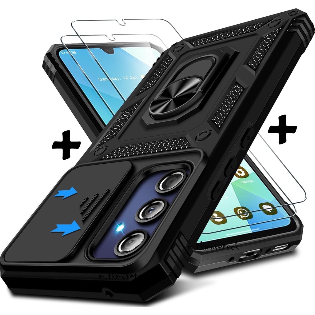 M.TK Moveteck Samsung Galaxy A16 Kılıf Kamera Korumalı Sürgülü Yüzüklü Armor Zırh Tank Kapak + 1 Adet 9h Ekran Koruyucu Cam Set - Siyah Cep Telefonu Kılıfı Fiyatı