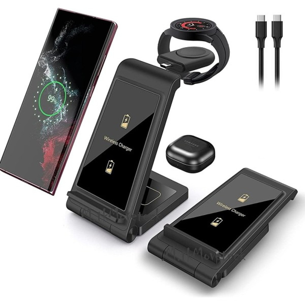 MTK Moveteck Samsung Galaxy S23 Serisi Watch 5 Pro ve Buds Pro Uyumlu 3in1 Masaüstü Şarj Standı Wireless Kablosuz Hızlı Şarj Istasyonu - Siyah Cep Telefonu Şarj Cihazı Fiyatı