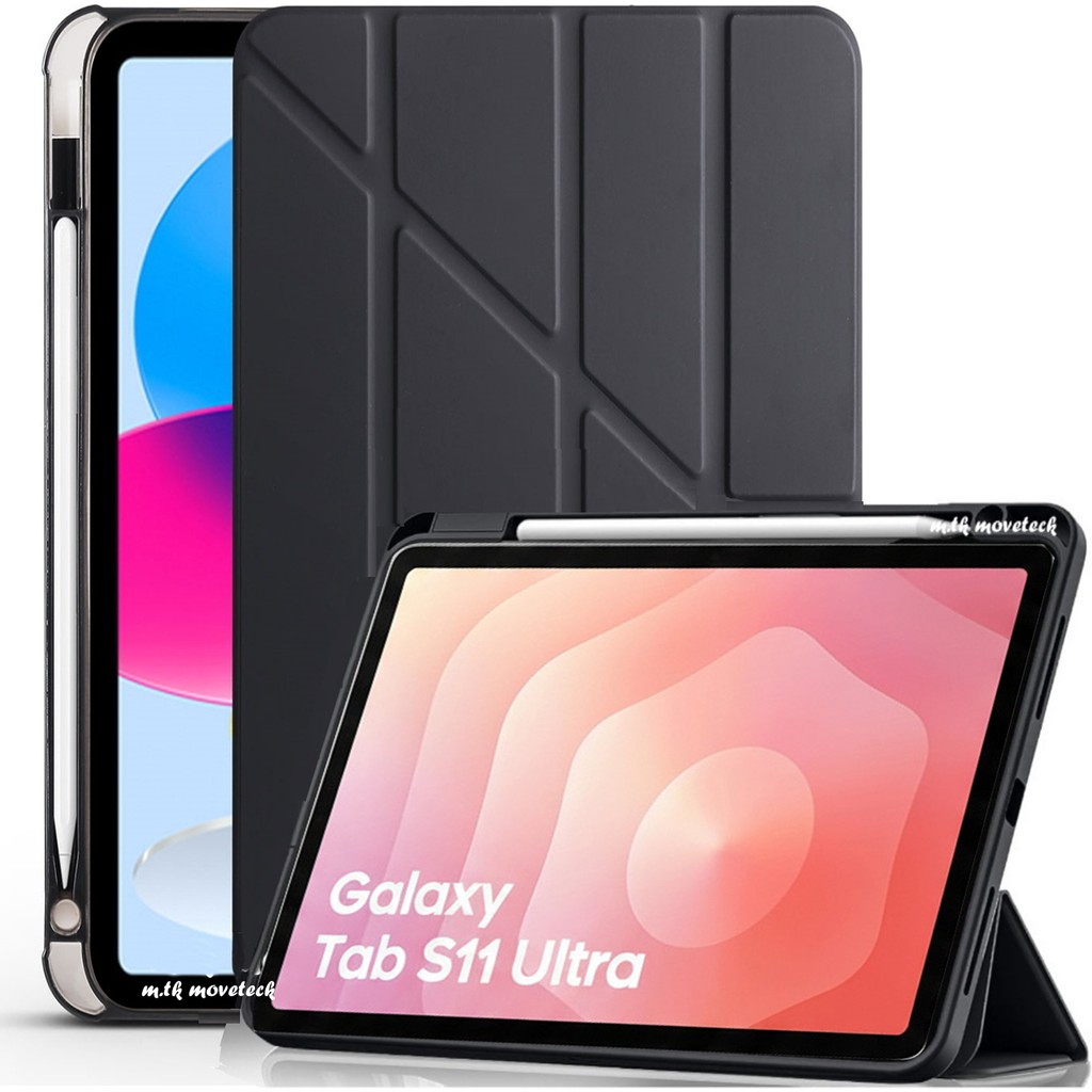 M.TK Moveteck Samsung Galaxy Tab S11 Ultra 14.6 Inç Tablet Kılıfı Uyku Modlu Kalem Bölmeli Standlı Tri Folding Kapak SM-X930 X936B - Siyah Tablet Kılıfı Fiyatı