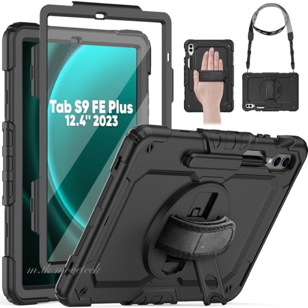 MTK Moveteck Samsung Galaxy Tab S9 Fe Plus 12.4" SM-X610 Tablet Kılıf S Pen Kalem Bölmeli Koruyuculu Askılı Zırh Tank Kapak - Siyah Tablet Kılıfı Fiyatı