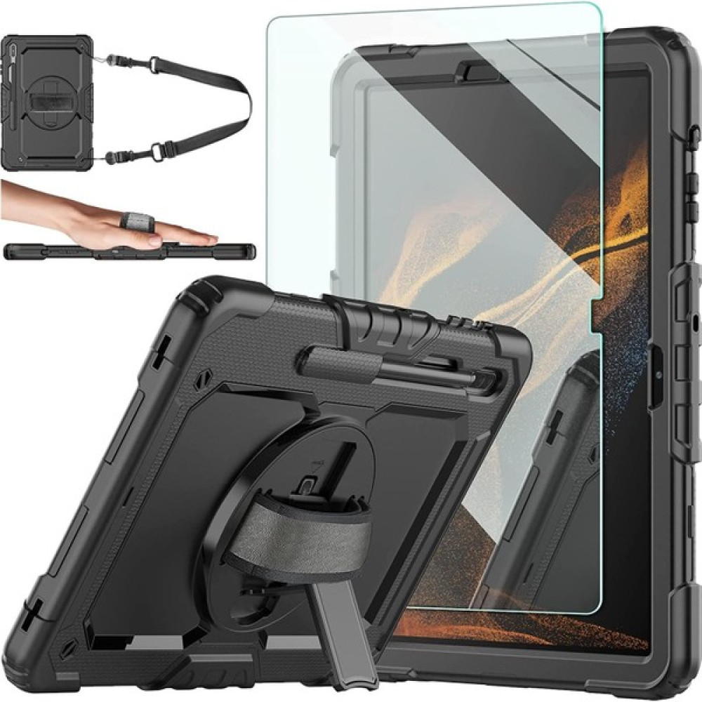 MTK Moveteck Samsung Galaxy Tab S9 Ultra SM-X910 14.6" Tablet Kılıf 360 Tam Koruyucu Zırh Tank Erkan Koruyuculu Askılı Set 2in1 - Siyah Tablet Kılıfı Fiyatı
