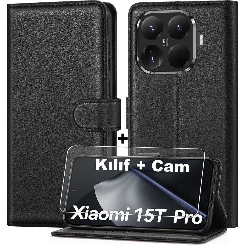 M.TK Moveteck Xiaomi Mi 15T Pro Kılıf 360 Cüzdanlı Standlı Kartlıklı Deri Dokulu Kartvizitli Silikon + Ekran Koruyucu Cam Set 2in1 - Siyah Cep Telefonu Ekran Koruyucusu Fiyatı